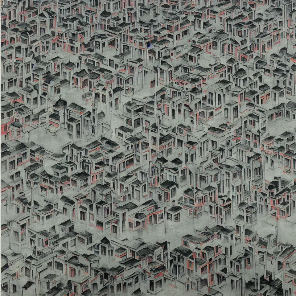 Prompt: a painting of abstract buildings like hongcun ancient village houses by yves tanguy, thick outlines