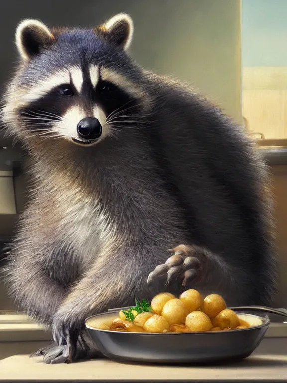 Prompt: A ultradetailed beautiful panting of an extremely cute racoon, with a very soft fur, cooking potatoes in a 60's kitchen , oil panting, high resolution 4K, by Ilya Kuvshinov, Greg Rutkowski and Makoto Shinkai