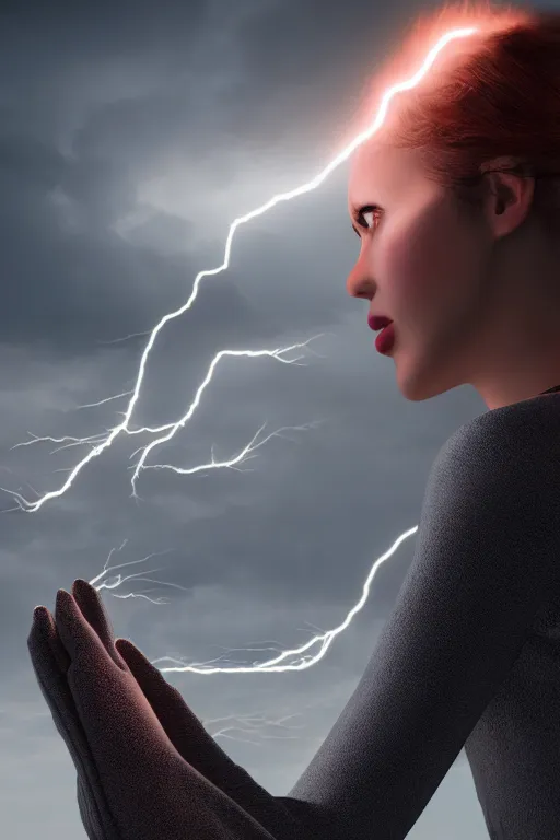 Prompt: photography of a hyper realistic lightning storm in a beautiful girl's hand. highly detailed, super power, stuning, intricate, complex, unreal engine 5.