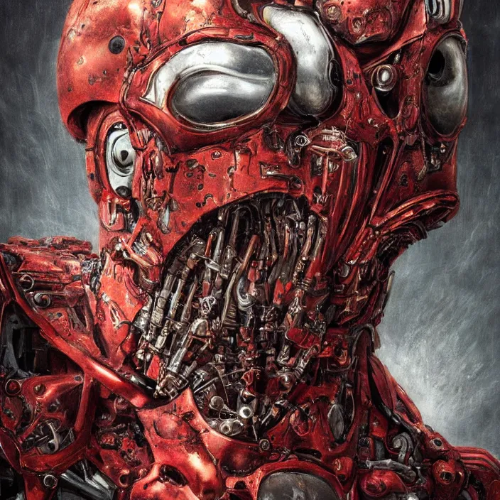 Prompt: in the art style of H.R. Giger a portrait of an evil damaged ruby Ultron from Age of Ultron, clockwork steampunk, head and chest only, by Beksinski, 4k, deviantart, trending on artstation, bio-chemical, bionic, robocop, terminator, t-800, endoskeleton, steampunk