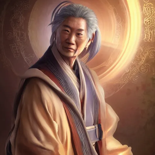Image similar to portrait painting of a 6 0 year old kind handsome taoist priest ， looks like jie lott ， silver ponytail hair, amiable by yangjun chen ，, nadar, bright colors, octopath traveler, unreal engine 5 highly rendered, global illumination, radiant light, detailed and intricate environment