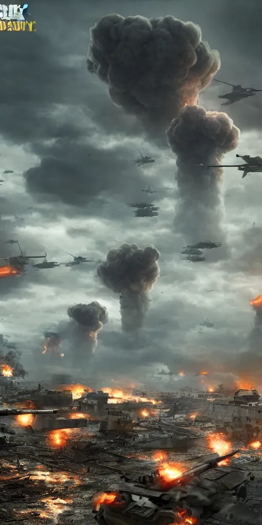Image similar to concept art, world war iii, war scenes, mushroom clouds raised by nuclear explosions, call of duty future war, smooth lines, high detail, 8 k, octane rendering, unreal engine.