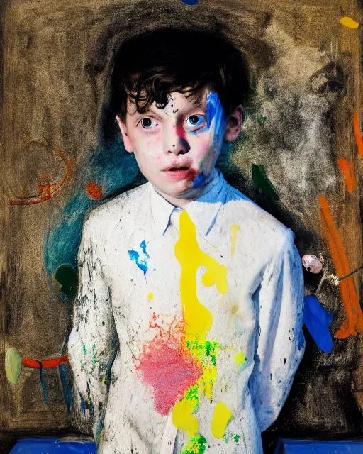 Image similar to portrait of a child in tuxedo painted by vincent lefevre and hernan bas and pablo amaringo and pat steir and hilma af klint, background in high definition 3 d, psychological, photorealistic, dripping paint, washy brush, rendered in octane, altermodern, masterpiece