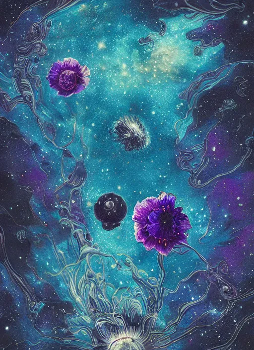 Prompt: detailed, intricate blue black and purple papaverum flower on the field, nebula, galaxy in the sky, winning award masterpiece, fantastically beautiful, illustration, aestheticly inspired dan mumford, upscale with anguissola sofonisba work, artstation, 8 k