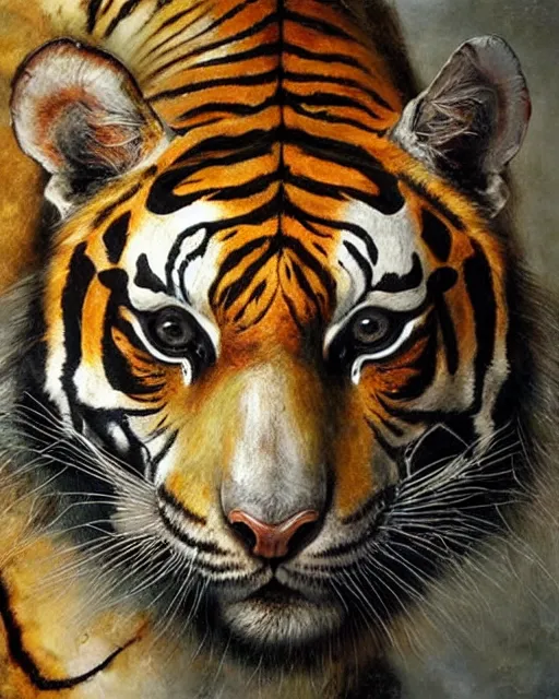 Image similar to realistic detailed skeleton of a tiger, cracked stained body full of marks, made by Karol Bak and Bernini. Rich colors. Masterpiece