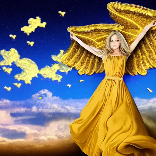 Image similar to fractal landscape golden clouds field of us coins beatific blonde woman with wings high detail 8 k