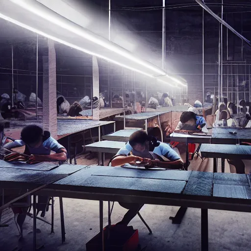 Image similar to evil souls being produced in surreal sweatshop under fluorescent light hell, advanced, photorealistic, realistic, dramatic lighting, fantastic reality, by stefan bakałowicz, 8 k resolution