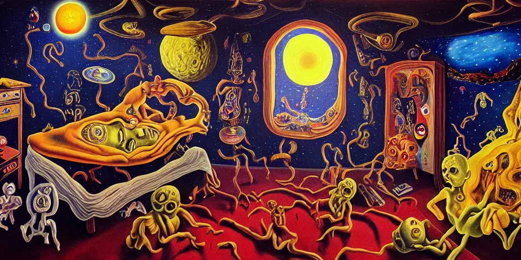 Image similar to a cosmic horror monstrosity inside of a childs bedroom, painting in the style of salvador dali, extremely detailed, disturbing, cinematic, 4 k, 8 k,