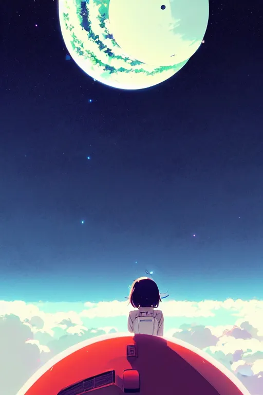 Image similar to cover of a female astronaut by ilya kuvshinov, cloudy sky background lush landscape ln illustration concept art anime key visual trending pixiv by victo ngai fanbox by greg rutkowski makoto shinkai takashi takeuchi studio ghibli