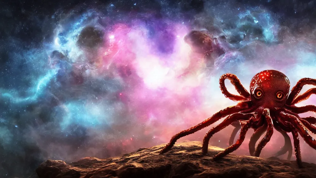 Image similar to spider octopus hybrid on a planet. close bottom view. whole body. nebula background. cinematic composition. cinematic lightning. ultra realistic. 8 k. highly detailled. deep space. ultra realistic details. cinematic atmosphere. studio lighting. shadows. dark background.