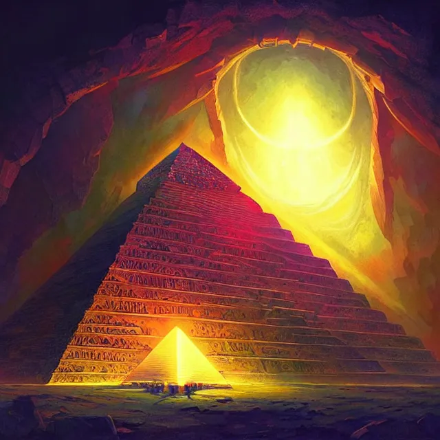 Image similar to the illuminati eye opening up from an orb above a pyramid, atmospheric lighting, intricate, volumetric lighting, beautiful, sharp focus, ultra detailed, in the art style of marc simonetti, bowater charlie and brom gerald, astrophotography