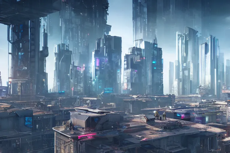 Image similar to rooftop view of a futuristic cyberpunk city highly detailed, photorealistic portrait, bright studio setting, studio lighting, crisp quality and light reflections, unreal engine 5 quality render