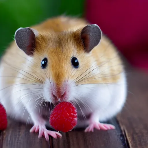 Prompt: cute hamster offering a raspberry to the photo lense, macro photography, wide angle lens, blurred background