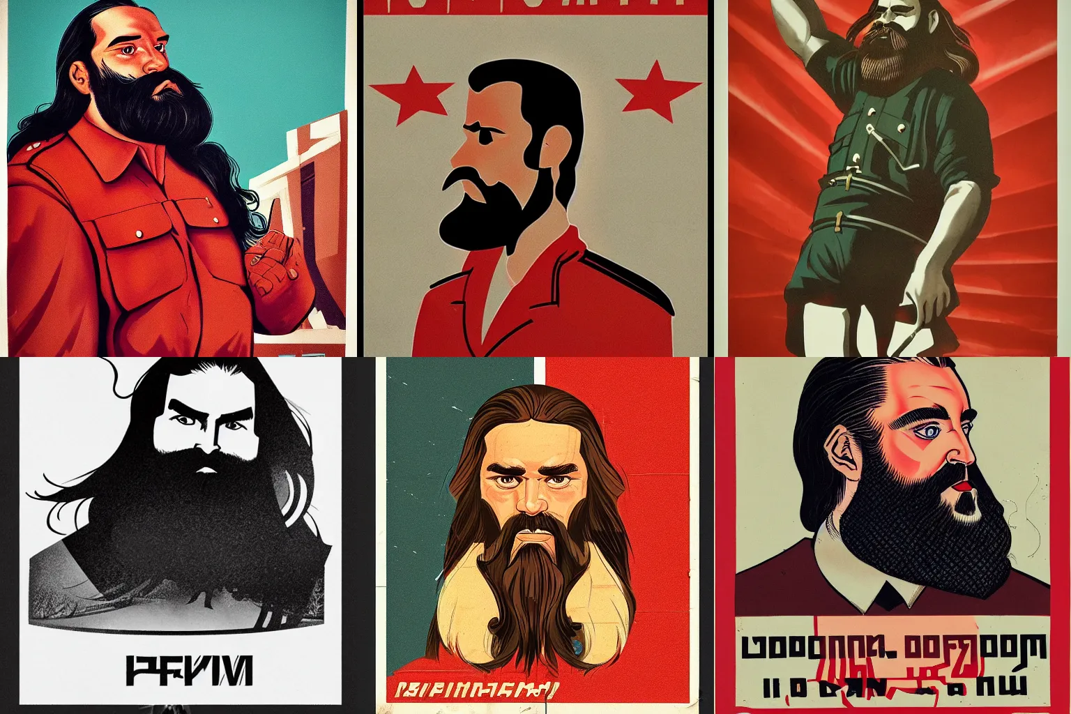 Prompt: soviet era propaganda of man with long hair and beard. featured on artstation