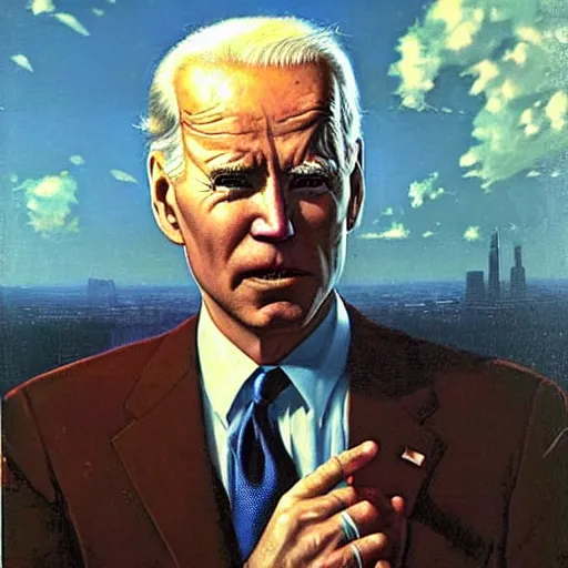 Image similar to portrait of immense, majestic, surreal, terrifying joe!!!! biden!!! crushing the city, perfectly clear face, by j. c. leyendecker, bosch, and beksinski