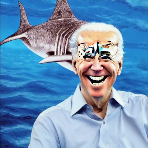 Prompt: joe biden sharkman swimming underwater, shark - human face, impressionism, fake photograph, caricature