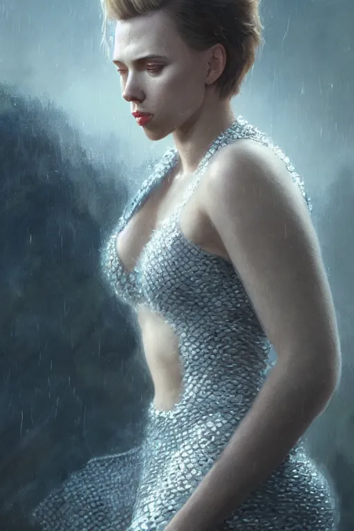 Image similar to a fancy portrait of Scarlett Johansson covered in dragon scales by Greg Rutkowski, Sung Choi, Mitchell Mohrhauser, Maciej Kuciara, Johnson Ting, Maxim Verehin, Peter Konig, final fantasy , mythical, 8k photorealistic, cinematic lighting, HD, high details, atmospheric,