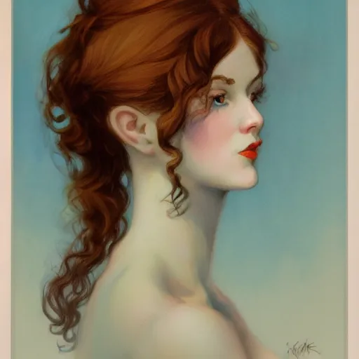 Image similar to a portrait in the style of charles dana gibson and in the style of peter mohrbacher. porcelain skin, big blue eyes.