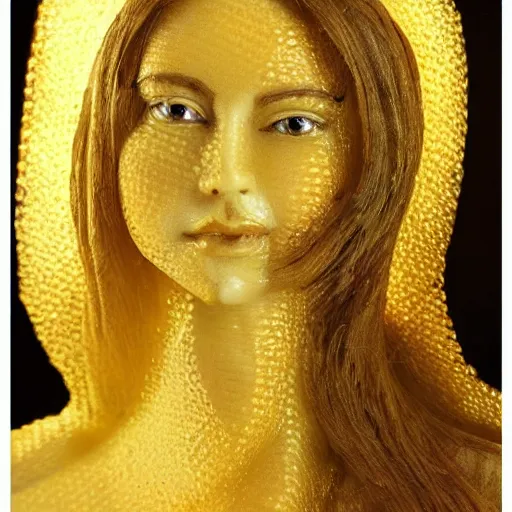 Image similar to a beautiful woman made out of honey, light shining through, highly detailed