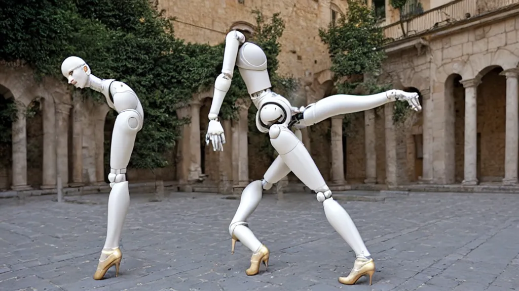 Image similar to a hajime sorayama sculpture of a svelte robotic ballerina on display in a roman courtyard.