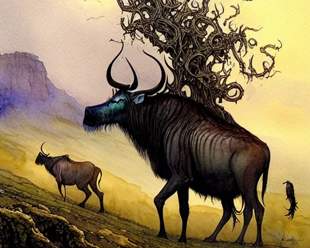 Prompt: a realistic and atmospheric watercolour fantasy character concept art portrait of a 4 0 ft. tall lovecraftian wildebeest wearing a robe and emerging from the mist on the moors of ireland at night. by rebecca guay, michael kaluta, charles vess and jean moebius giraud