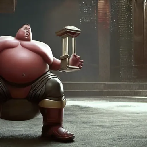 Prompt: obese rotund ironman lifting mjolnir, cinematic shot from the avengers movie