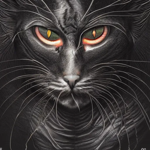 Prompt: photorealistic demonic cat in the style of michael whelan and gustave dore. hyperdetailed photorealism, 1 0 8 megapixels, amazing depth, glowing rich colors, powerful imagery, psychedelic overtones, 3 d finalrender, 3 d shading, cinematic lighting, artstation concept art