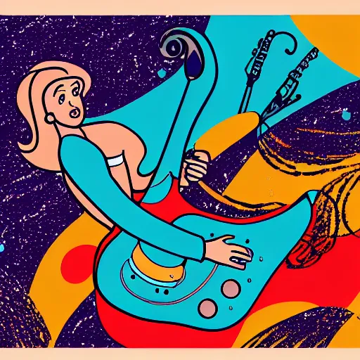 Prompt: illustration in the style of the jetsons of a mermaid playing an stratocaster electric guitar, 3 colour screen print