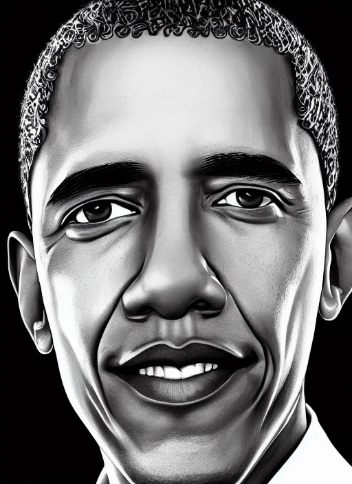 Image similar to closeup portrait of barack obama, an ultrafine detailed illustration by james jean, intricate linework, bright colors, final fantasy, behance contest winner, vanitas, angular, altermodern, unreal engine 5 highly rendered, global illumination, radiant light, detailed and intricate environment