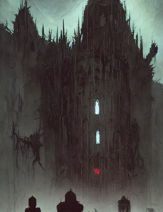 Image similar to sinister scary, afraid dark by greg rutkowski, ross tran, conrad roset, takato yomamoto, ilya kuvshinov huge gothic crematorium on desert planet, elevator, side ramp entrance ambulance smoke dead bodies, guards intricate, painting by lucian freud and mark brooks, bruce pennington, dark colors, neon, death, guards, nice style culture