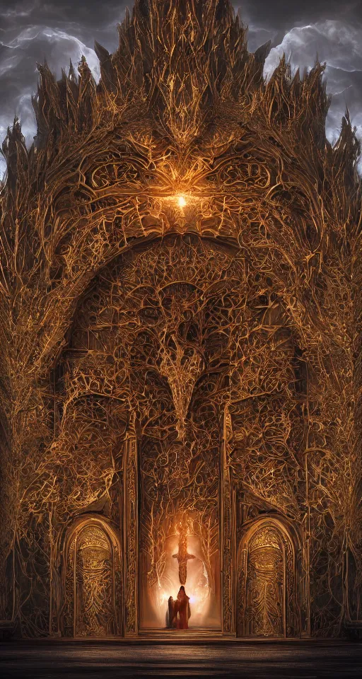 Image similar to gateway to the kingdom of god. ornate, intericate, fractal patterns, ethereal, cinematic, artstation, hyper detailed, weta digital, ray trace, 3 d sculpture, beautifully lit, glow, soft light, photorealistic, ghost, symmetric, masterpiece, realistic, highly detailed