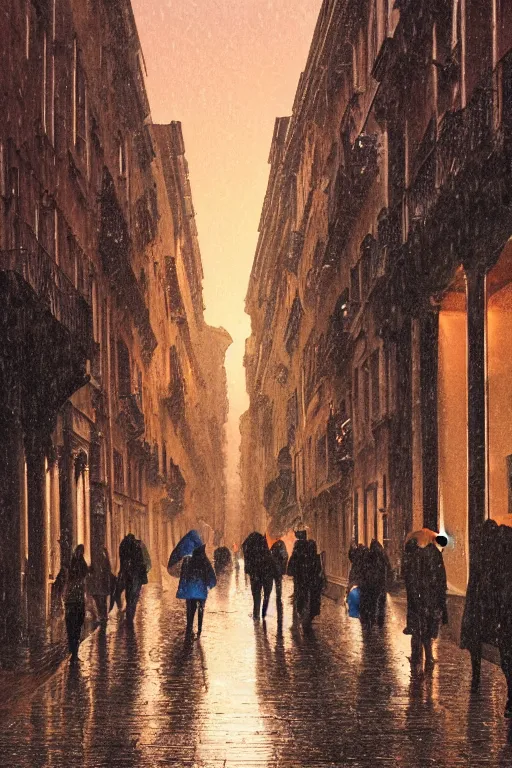 Image similar to crowd of people walking on rainy street at dusk golden hour , hyper-realistic environment, new york , venice