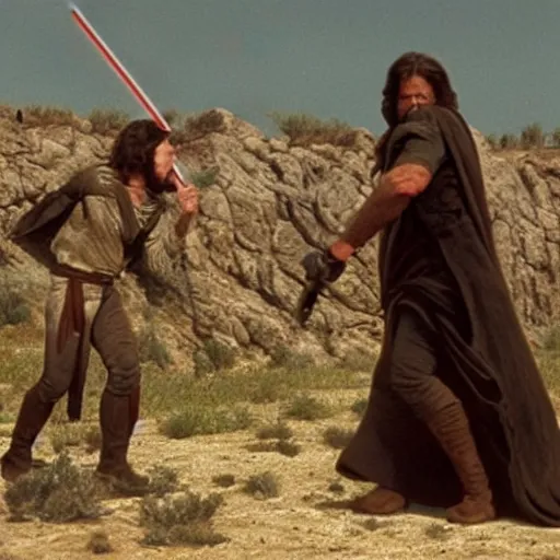 Image similar to a film still of cain ( from the bible ) in star wars 1 9 7 7, realistic, photorealistic