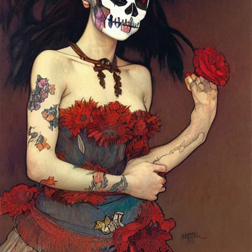 Prompt: realistic detailed painting of a cute punk Día de los Muertos girl by Henri de Toulouse-Lautrec Alphonse Mucha Egon Schiele Ayami Kojima Amano Charlie Bowater, masterpiece