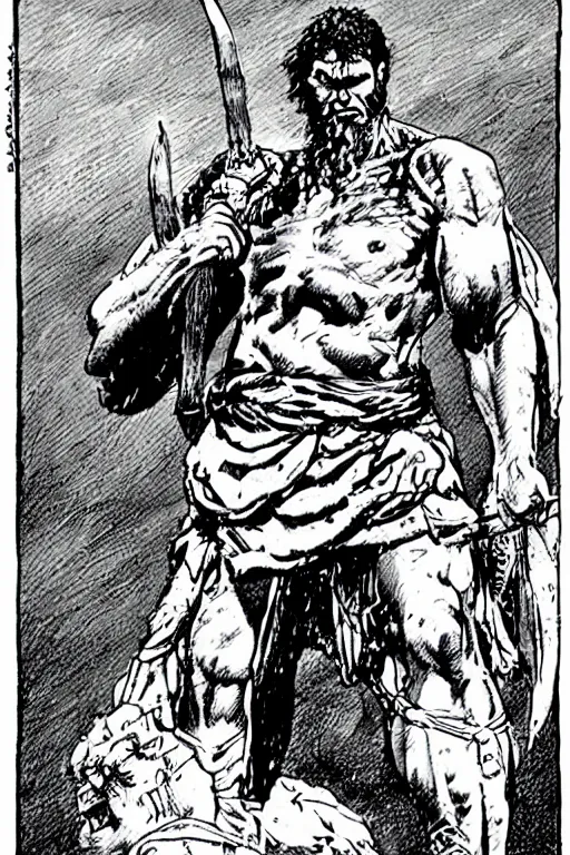 Image similar to ancient historically accurate depiction of the Bible Character Goliath of Gath, the Philistine warrior giant by frank miller