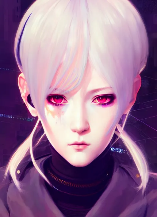 Image similar to portrait Anime girl cyberpunk, cute-fine-face, white-hair pretty face, realistic shaded Perfect face, fine details. Anime, cyberpunk. realistic shaded lighting by Ilya Kuvshinov and Gustav Klimt