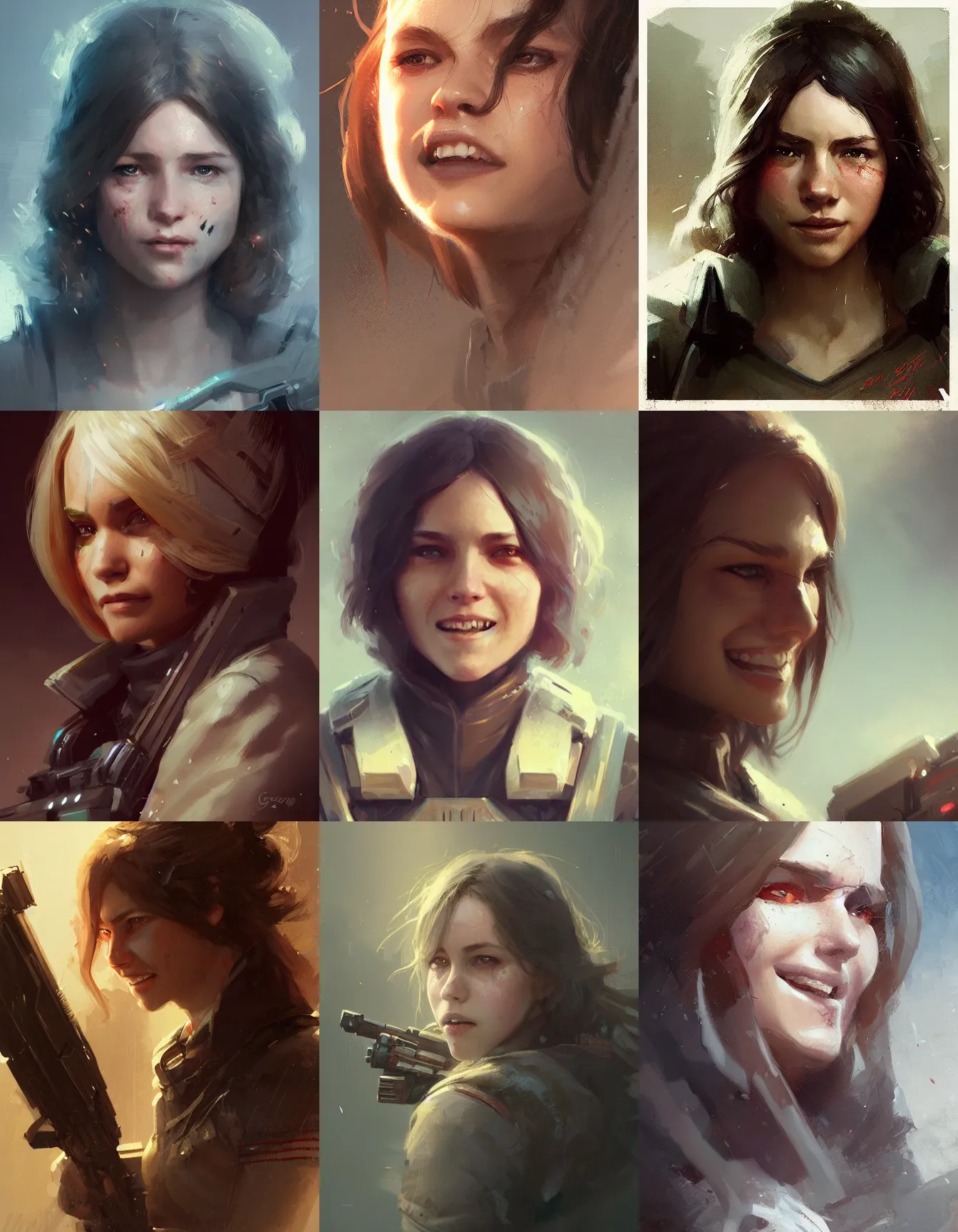 Prompt: young female bounty hunter, smiling, digital portrait by greg rutkowski, intricate, soft focus, highly detailed, cinematic, epic, artstation