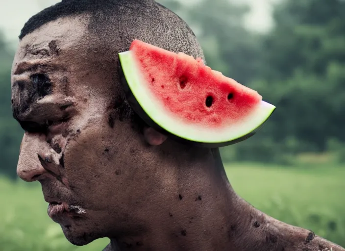 Image similar to film still of a man with a watermelon on his a head in the new horror movie, 4 k