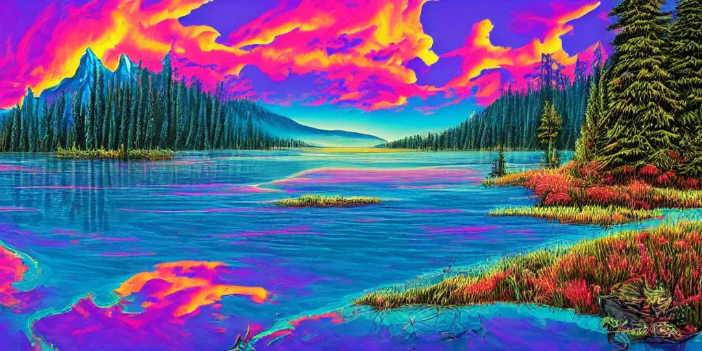 Image similar to beautiful award winning synthwave painting of a canadian lake, extreme detail, digital art, 4 k, ultra hd