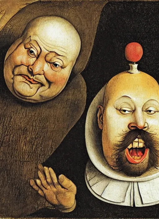 Image similar to carton of gregs'eggs with silly round humpty dumpty jack black facial expressions, realistic, by hieronymus bosch and pieter brueghel