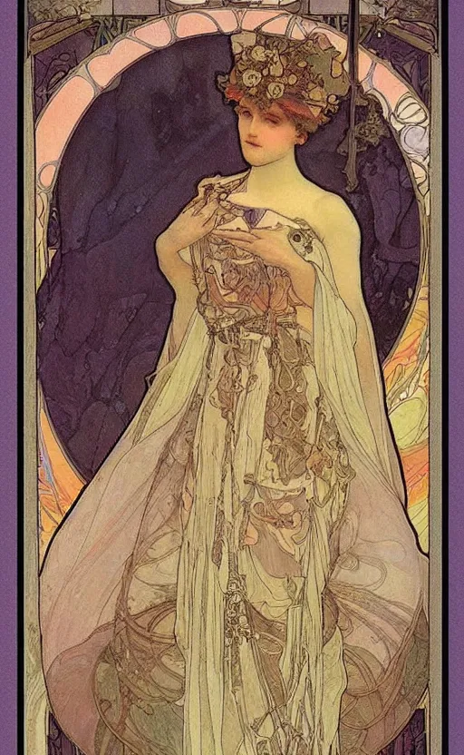 Image similar to the empress, tarot, beautiful border, by alfons maria mucha, highly detailded