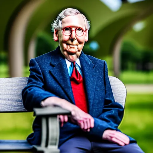 Image similar to photograph portrait of Mitch McConnell sitting on a park bench, sigma 85mm f/1.4, 4k, depth of field, high resolution, 4k, 8k, hd, full color