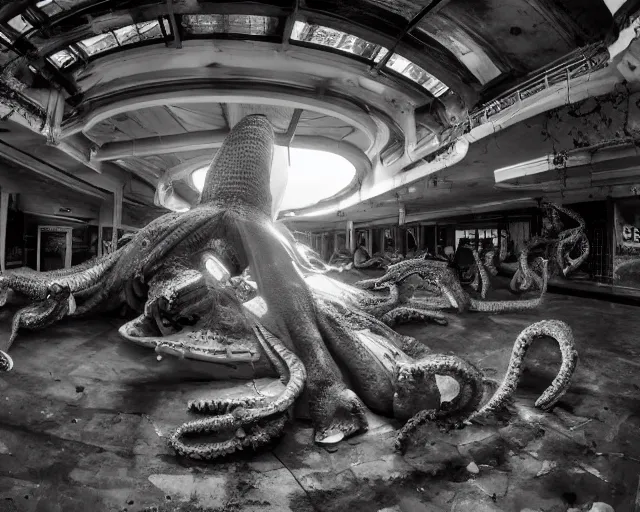 Prompt: camera footage of a extremely aggressive Giant mutated Octopus with glowing white eyes, Human Features, Light Lure, in an abandoned shopping mall, Psychic Mind flayer, Terrifying, Silhouette :7 , high exposure, dark, monochrome, camera, grainy, CCTV, security camera footage, timestamp, zoomed in, Feral, fish-eye lens, Fast, Radiation Mutated, Nightmare Fuel, Ancient Evil, Bite, Motion Blur, horrifying, lunging at camera :4 bloody dead body, blood on floors, windows and walls :5