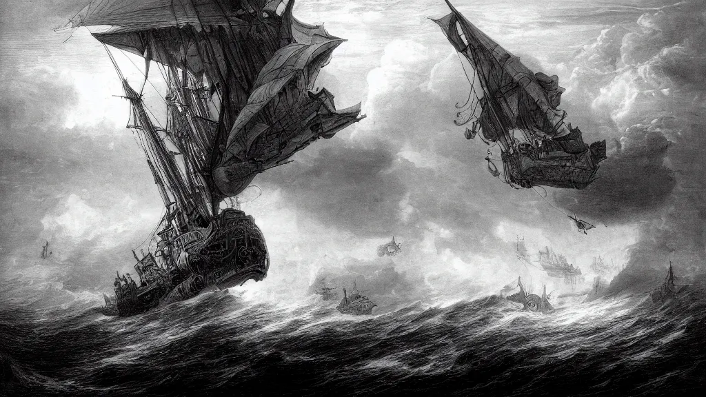 Prompt: drawing of a giant steampunk airship above a stormy ocean, by gustave dore, nineteenth century, black and white, vintage, science fiction, epic composition, dramatic lighting, highly detailed, cinematic