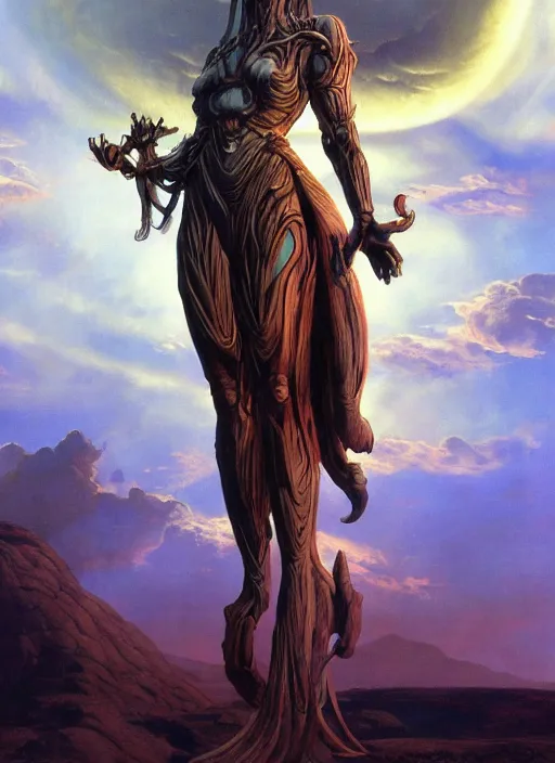 Prompt: biblical beautiful female druid android, shiva, glowing veins, in clouds, sunset, mecha, portrait by wayne barlowe, by peter elson, muted colors, by frank frazetta, extreme detail, reflections, trending on artstation, 8 k