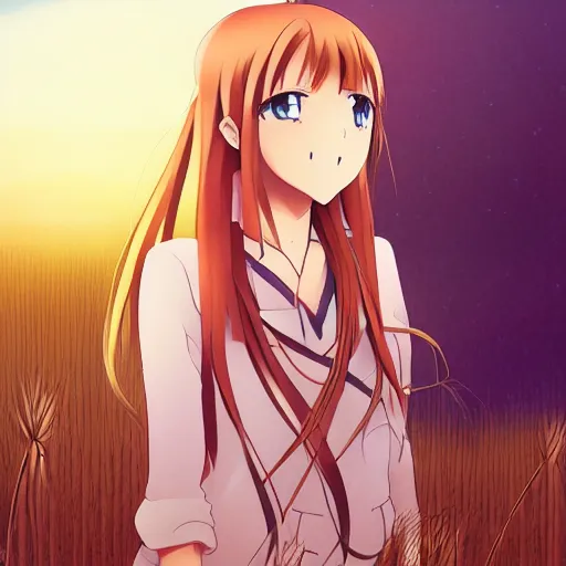 Image similar to anime illustration of Holo from Spice and Wolf standing in a wheat field at sunset, Holo is a wolf girl, high detail, trending on pixiv