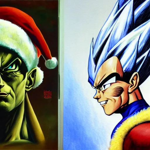 Image similar to an oil painting of a vegeta wearing a christmas hat drawn by frank frazetta, 3 d, cinematic 4 k wallpaper, 8 k, ultra detailed, high resolution, award - winning pencil drawing