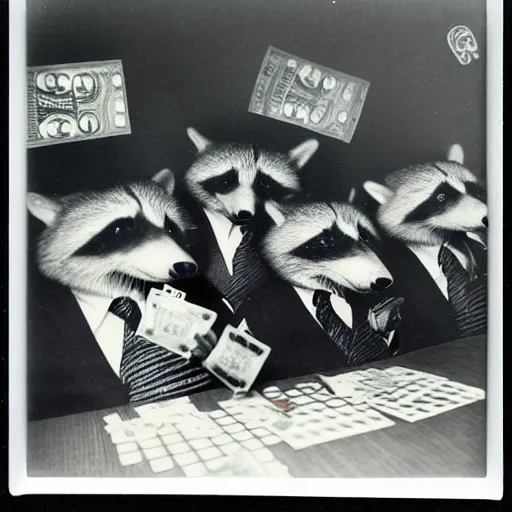 Image similar to polaroid photo of gangster raccoons in smokings, smooking cigar, playing poker, dollars on table