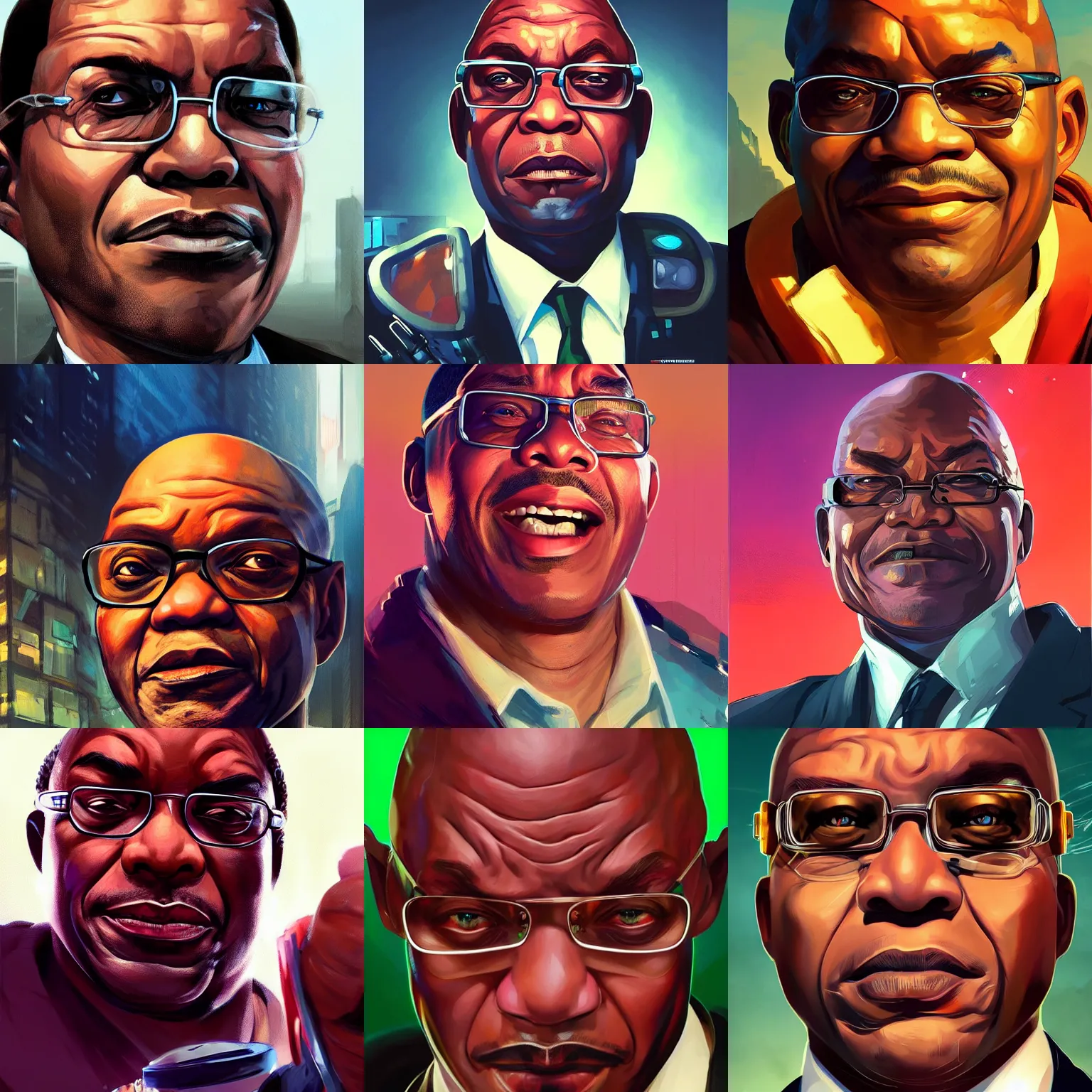 Prompt: close - up portrait of jacob zuma, cyberpunk dark fantasy art, gta 5 cover, official fanart behance hd artstation by jesper ejsing, by rhads, makoto shinkai and lois van baarle, ilya kuvshinov, ossdraws