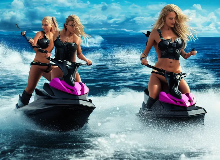 Prompt: dramatic photo of viking women riding jet skis!!, wearing a skin - tight futuristic valkerie bikinis, holding huge laser swords, rough seas in background, water world, mad max, hyper - realistic, highly detailed, accurate, 8 k octane render, 2 8 mm, wide angle, rule of thirds